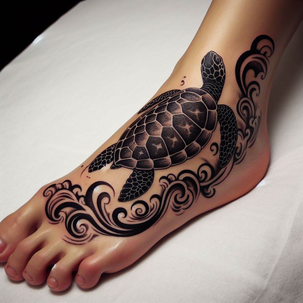 A Minogame, a mythical turtle known for its long tail made of seaweed, wrapping around the foot and extending up the ankle. The turtle should be depicted swimming amongst waves, with its long, flowing tail curling gracefully. This tattoo symbolizes longevity, wisdom, and prosperity.
