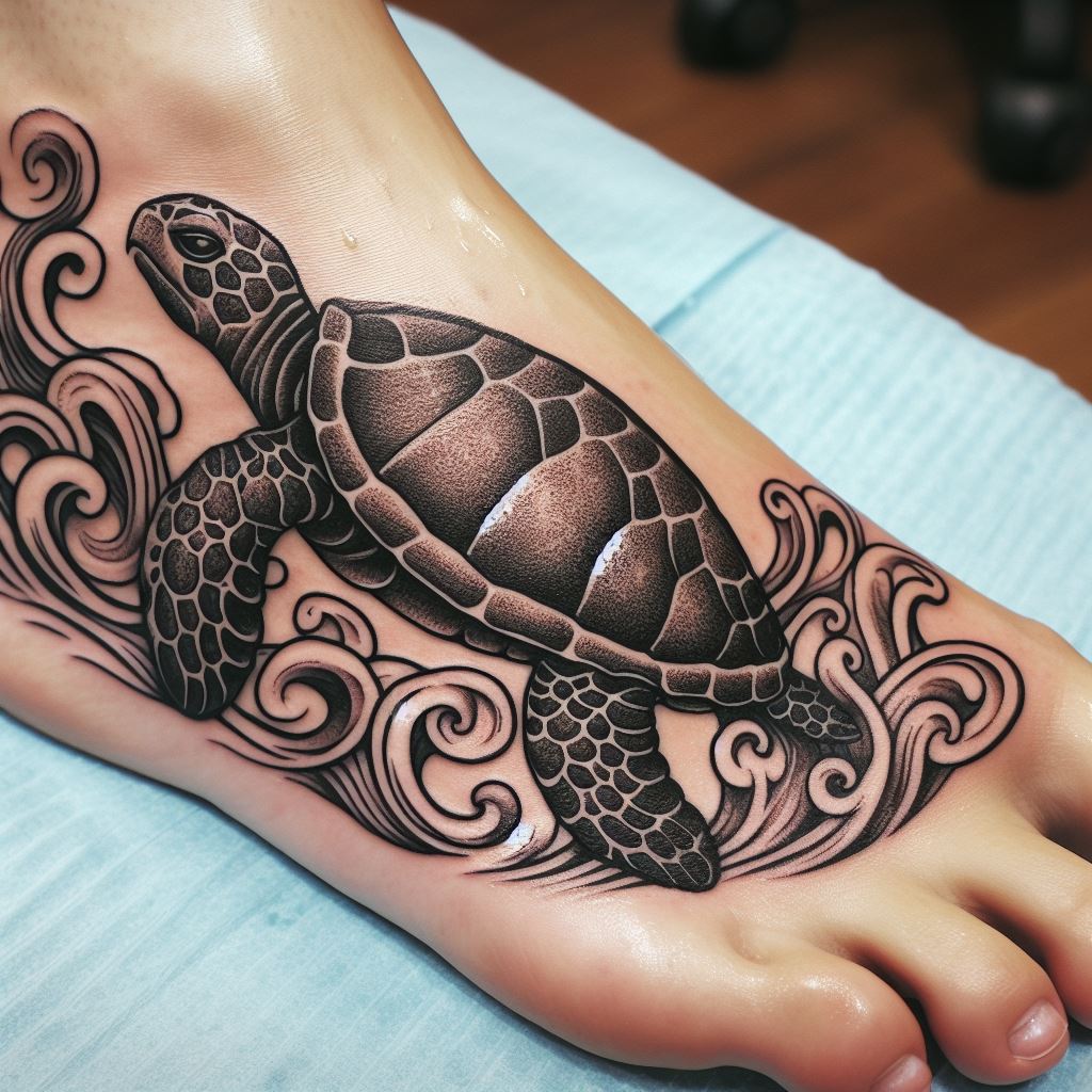 A Minogame, a mythical turtle known for its long tail made of seaweed, wrapping around the foot and extending up the ankle. The turtle should be depicted swimming amongst waves, with its long, flowing tail curling gracefully. This tattoo symbolizes longevity, wisdom, and prosperity.
