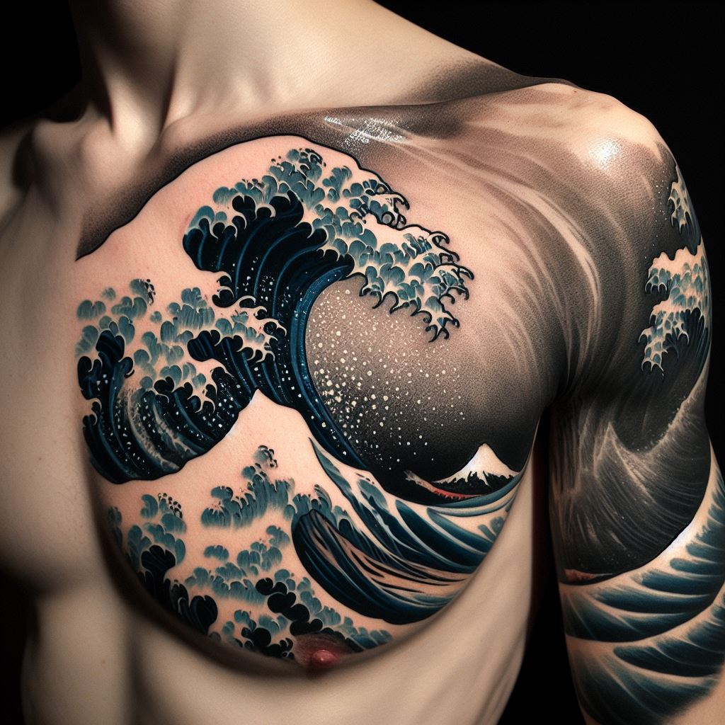 A tattoo inspired by the famous Ukiyo-e style, depicting a large, powerful wave that starts from the chest and crashes over the shoulder, continuing down the arm. The wave should be detailed with traditional woodblock print textures, incorporating foam and spray. This tattoo captures the beauty and power of the sea, symbolizing life's challenges and the strength to overcome them.