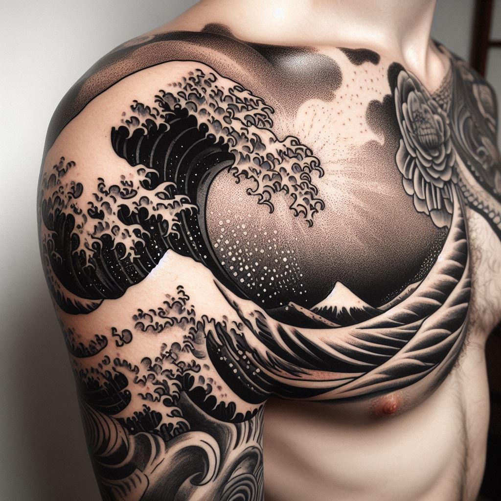 A tattoo inspired by the famous Ukiyo-e style, depicting a large, powerful wave that starts from the chest and crashes over the shoulder, continuing down the arm. The wave should be detailed with traditional woodblock print textures, incorporating foam and spray. This tattoo captures the beauty and power of the sea, symbolizing life's challenges and the strength to overcome them.