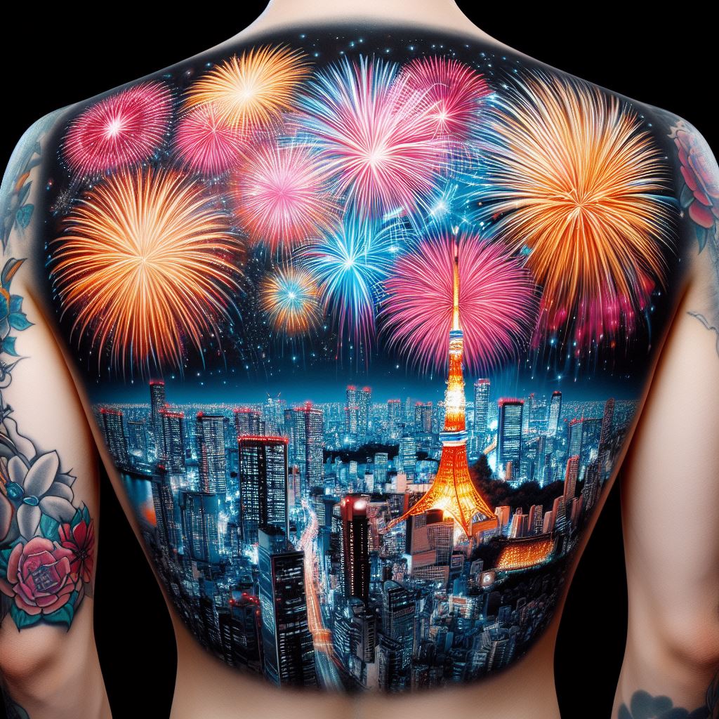 A vibrant and colorful tattoo of fireworks exploding over the Tokyo skyline at night, covering the entire back. The skyline should be accurately detailed with recognizable landmarks, and the fireworks should be bright and colorful, filling the sky with light. This tattoo represents celebration, excitement, and the beauty of urban life.