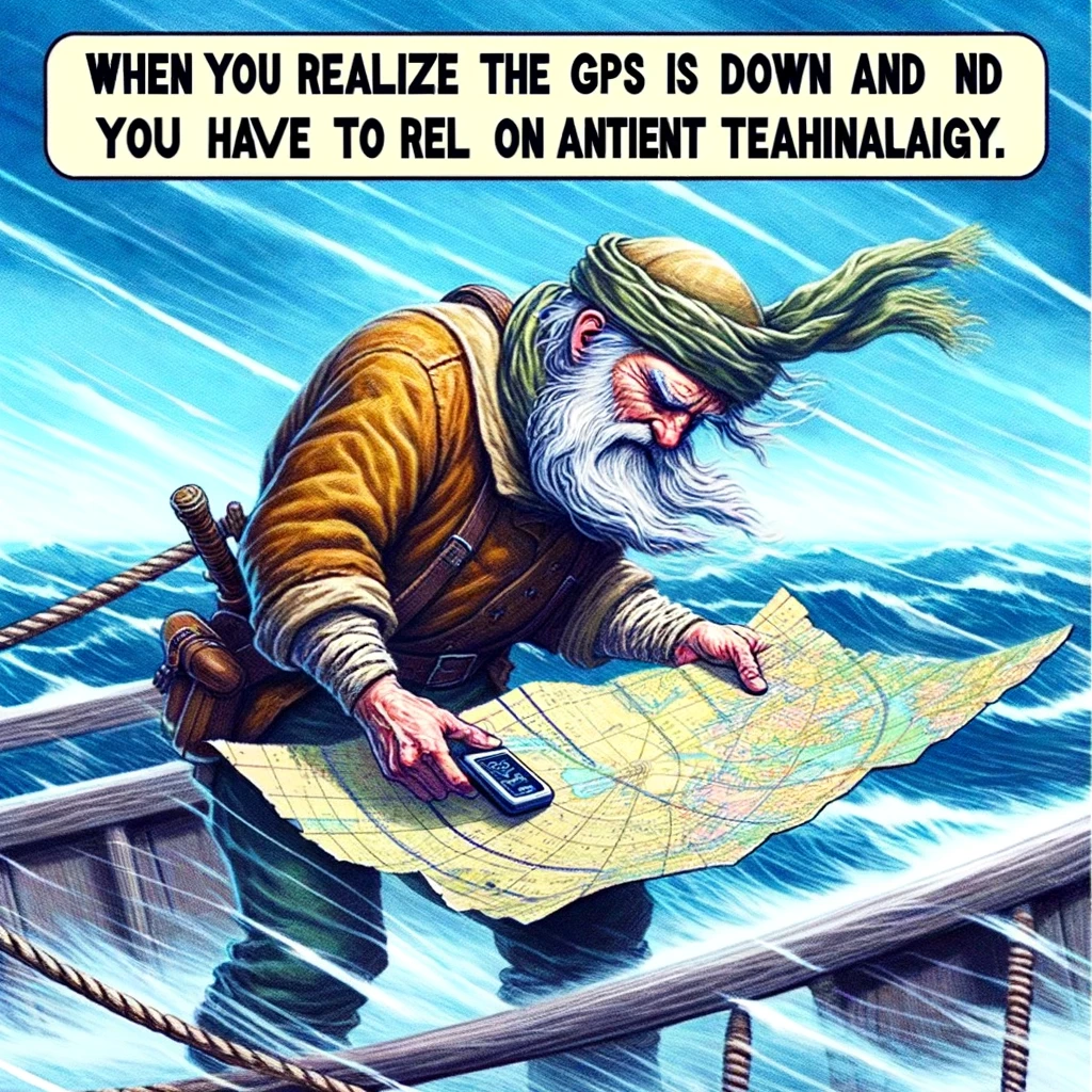 A humorous image of a sailor struggling to fold a map on a windy ship deck, with the caption: "When you realize the GPS is down and you have to rely on ancient technology."