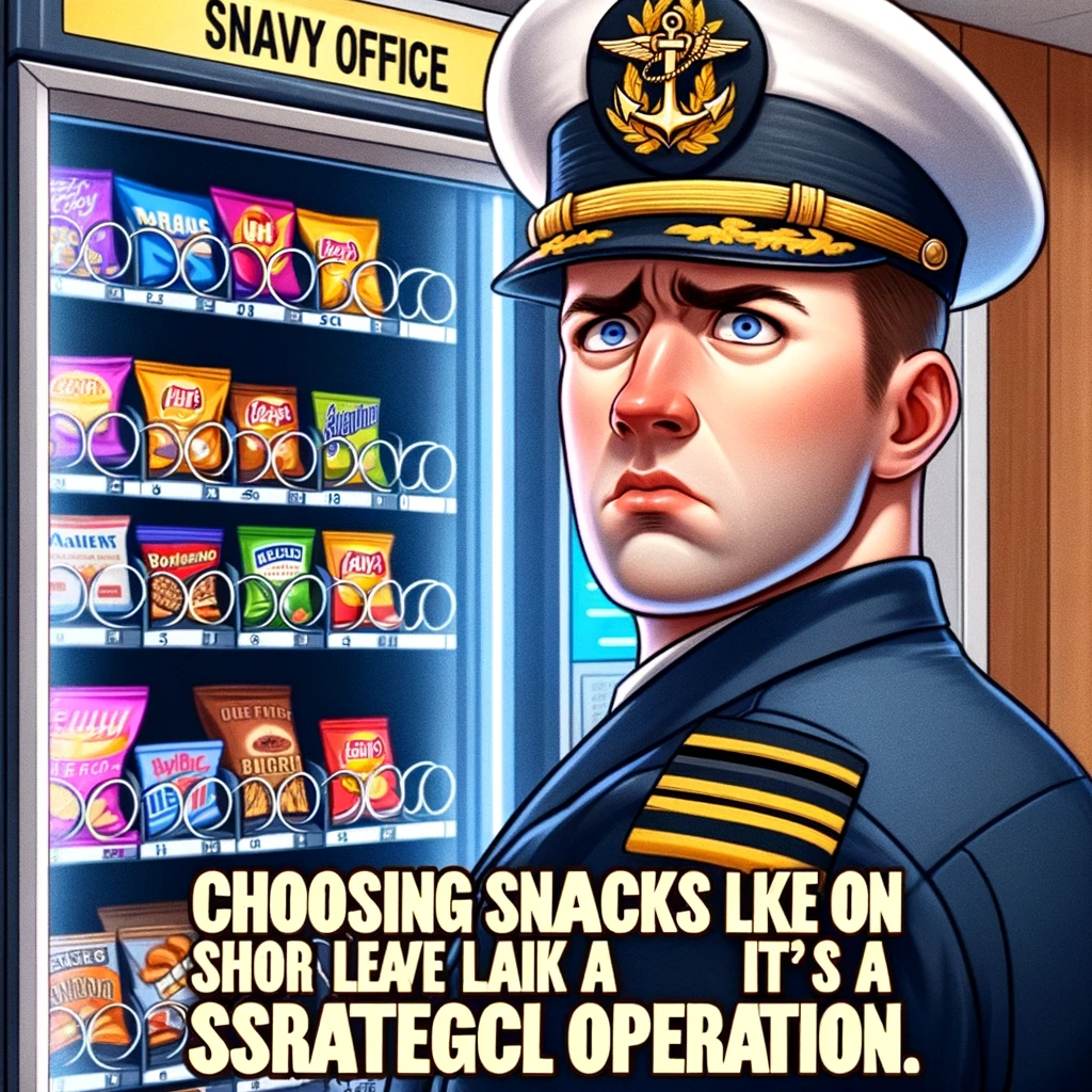 An image of a navy officer looking confused in front of a vending machine, with the caption: "Choosing snacks on shore leave like it's a strategic operation."