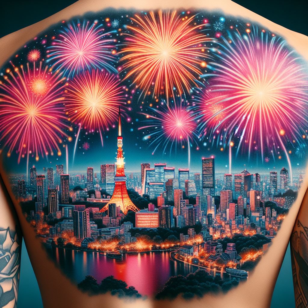 A vibrant and colorful tattoo of fireworks exploding over the Tokyo skyline at night, covering the entire back. The skyline should be accurately detailed with recognizable landmarks, and the fireworks should be bright and colorful, filling the sky with light. This tattoo represents celebration, excitement, and the beauty of urban life.