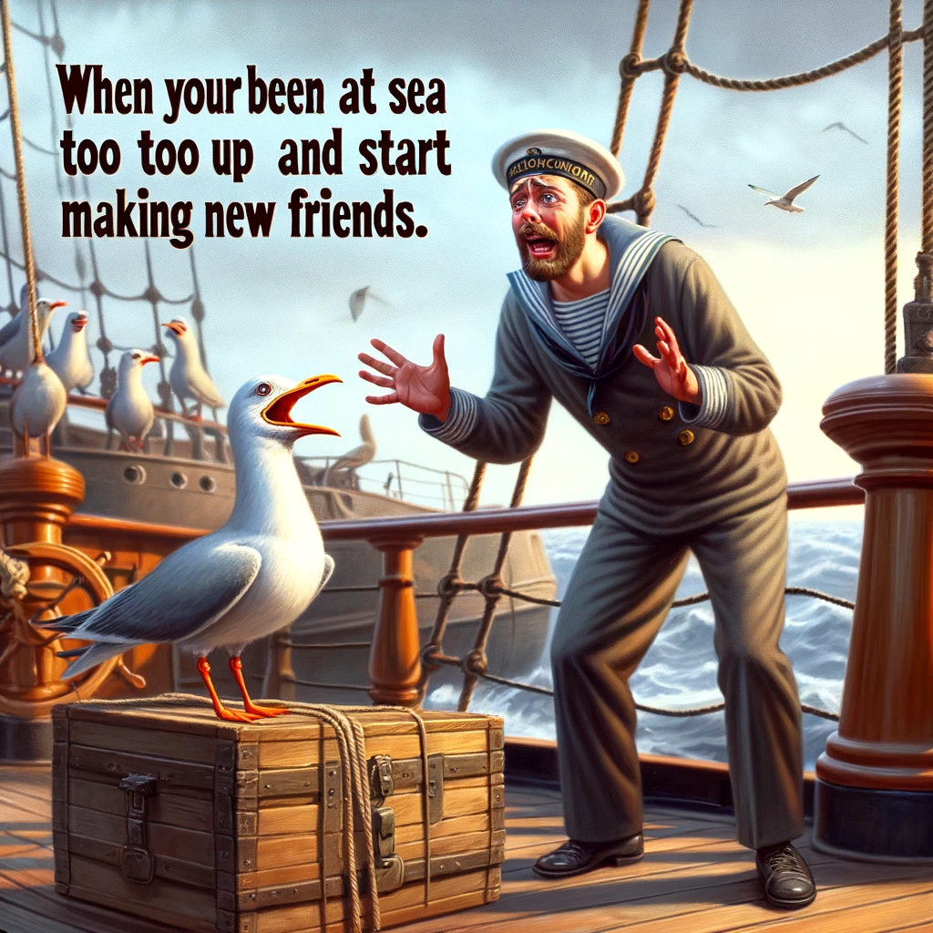 A comedic scene of a sailor trying to communicate with a seagull on the ship's deck, with the caption: "When you've been at sea too long and start making new friends."