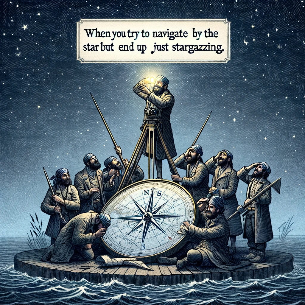 An image of a group of sailors attempting to use a compass and map under the night sky, humorously looking in all directions, with the caption: "When you try to navigate by the stars but end up just stargazing."