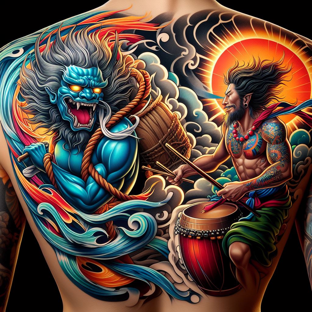 A dynamic and powerful tattoo design featuring Fujin, the God of Wind, on one shoulder and Raijin, the God of Thunder, on the other. Fujin should be depicted with a bag of winds over his shoulder, creating a storm, while Raijin is shown playing drums to summon thunder, both in vibrant colors and traditional Japanese art style. This tattoo symbolizes the natural forces of wind and thunder, embodying strength and energy.