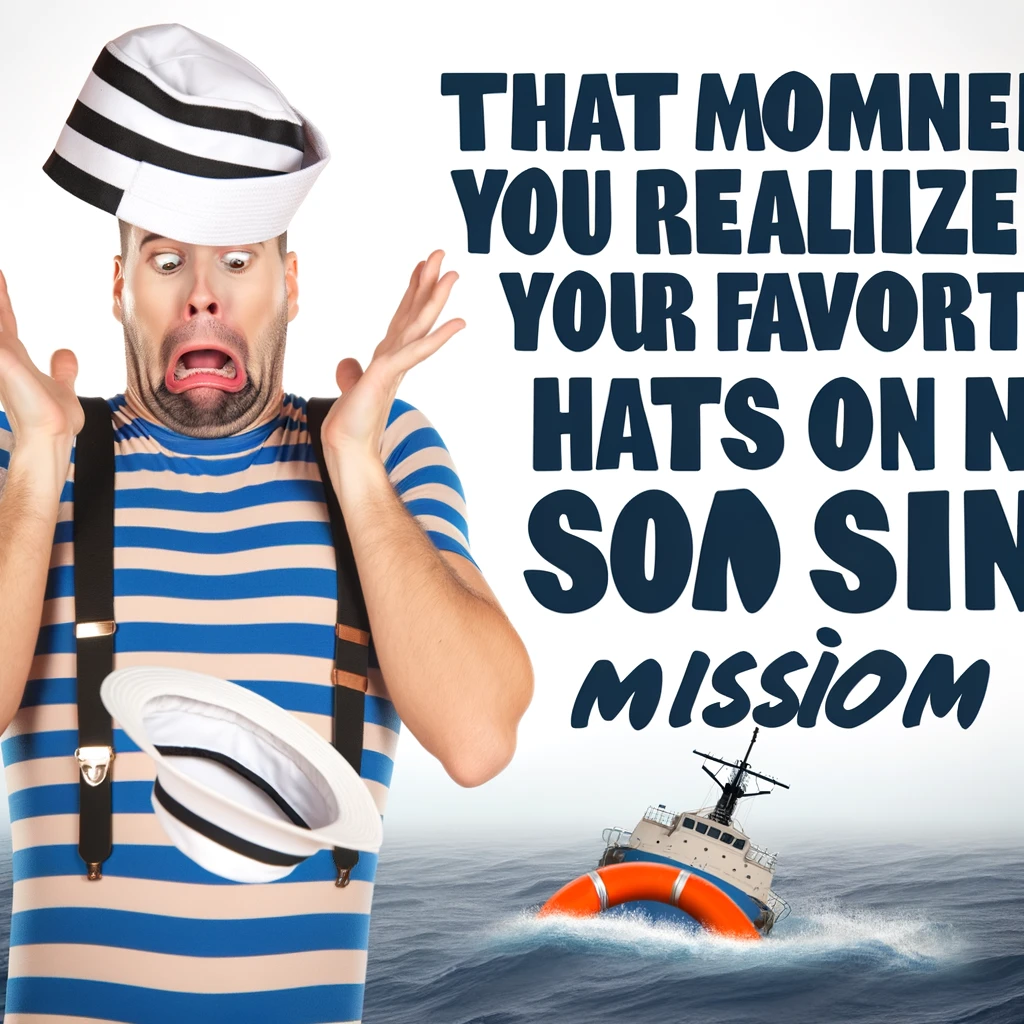 A funny image of a sailor accidentally dropping his hat overboard and staring in dismay, with the caption: "That moment you realize your favorite hat is now on a solo mission."