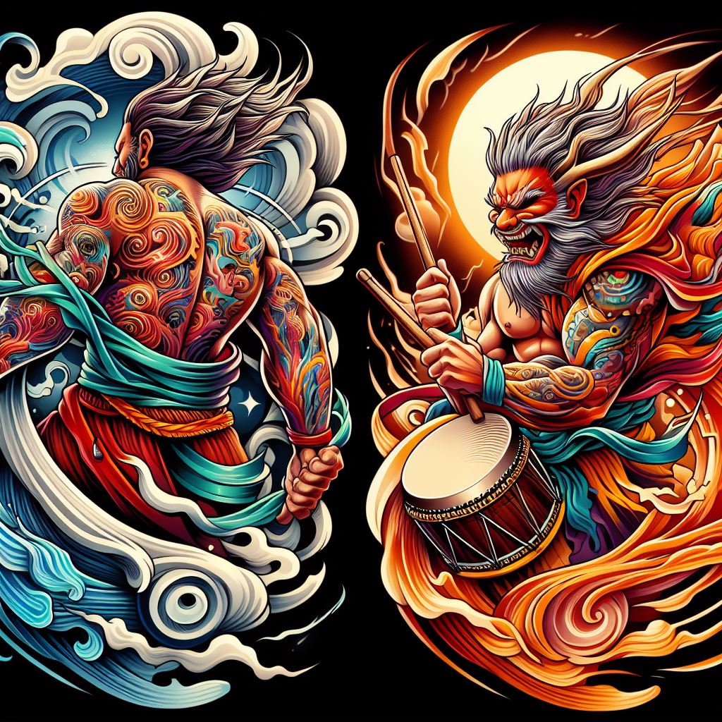 A dynamic and powerful tattoo design featuring Fujin, the God of Wind, on one shoulder and Raijin, the God of Thunder, on the other. Fujin should be depicted with a bag of winds over his shoulder, creating a storm, while Raijin is shown playing drums to summon thunder, both in vibrant colors and traditional Japanese art style. This tattoo symbolizes the natural forces of wind and thunder, embodying strength and energy.