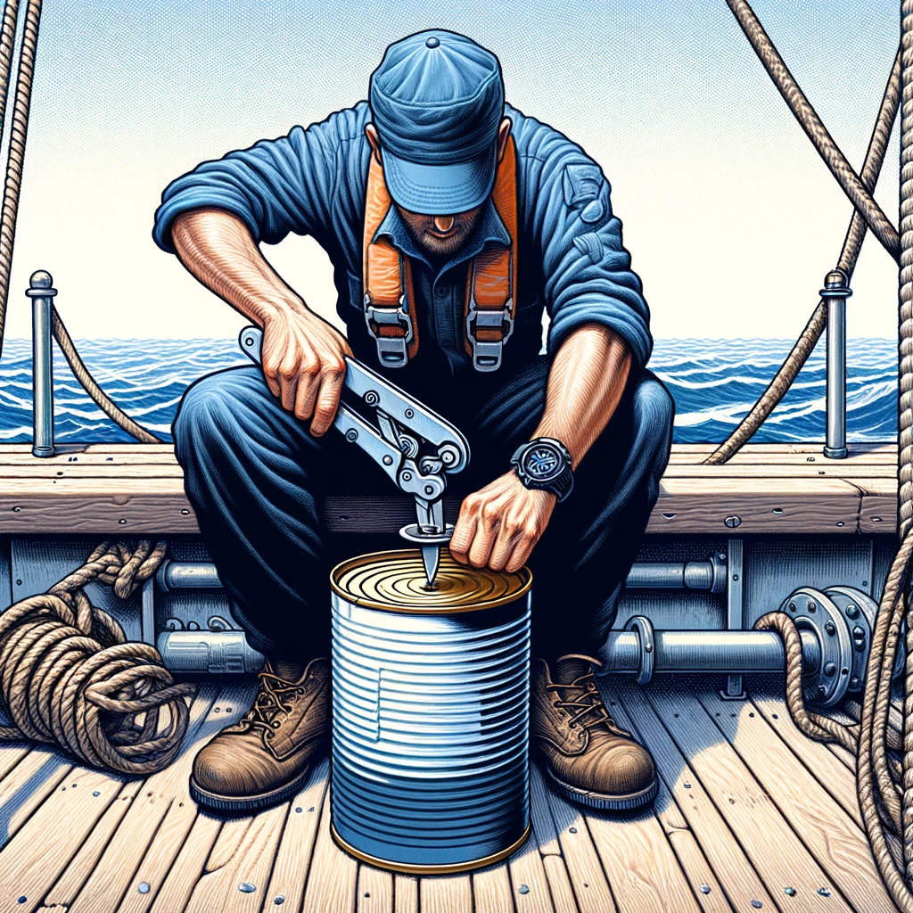 Illustration of a sailor struggling to open a can of food with a multitool on the deck, with the caption: "Mastering the art of survival cuisine at sea."