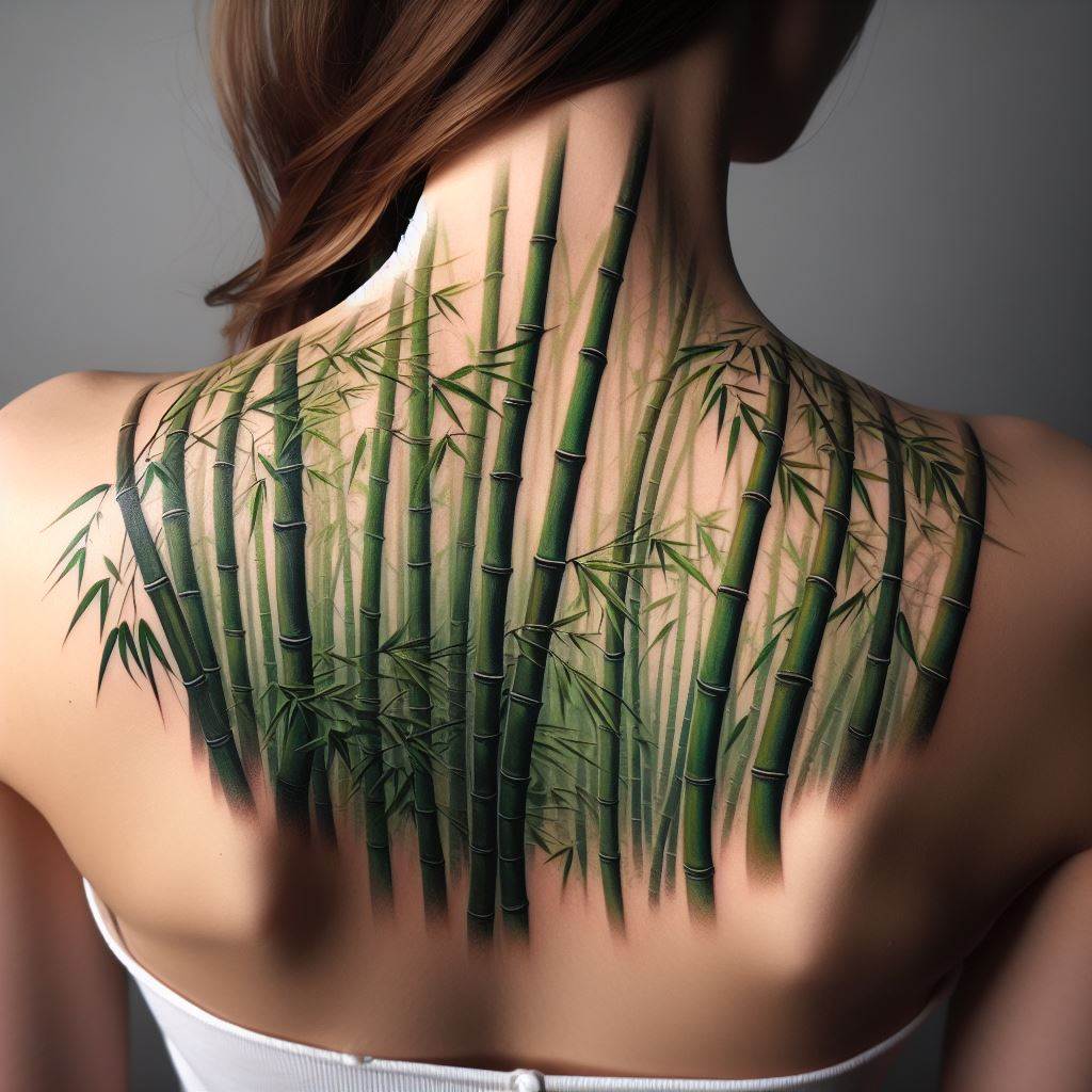 A serene and detailed tattoo of a bamboo forest running down the spine, from the neck to the lower back. The tattoo should capture the elegance and resilience of bamboo stalks, swaying gently but standing strong against the wind. Include varying shades of green and occasional glimpses of sunlight filtering through the leaves, symbolizing growth, flexibility, and inner strength.