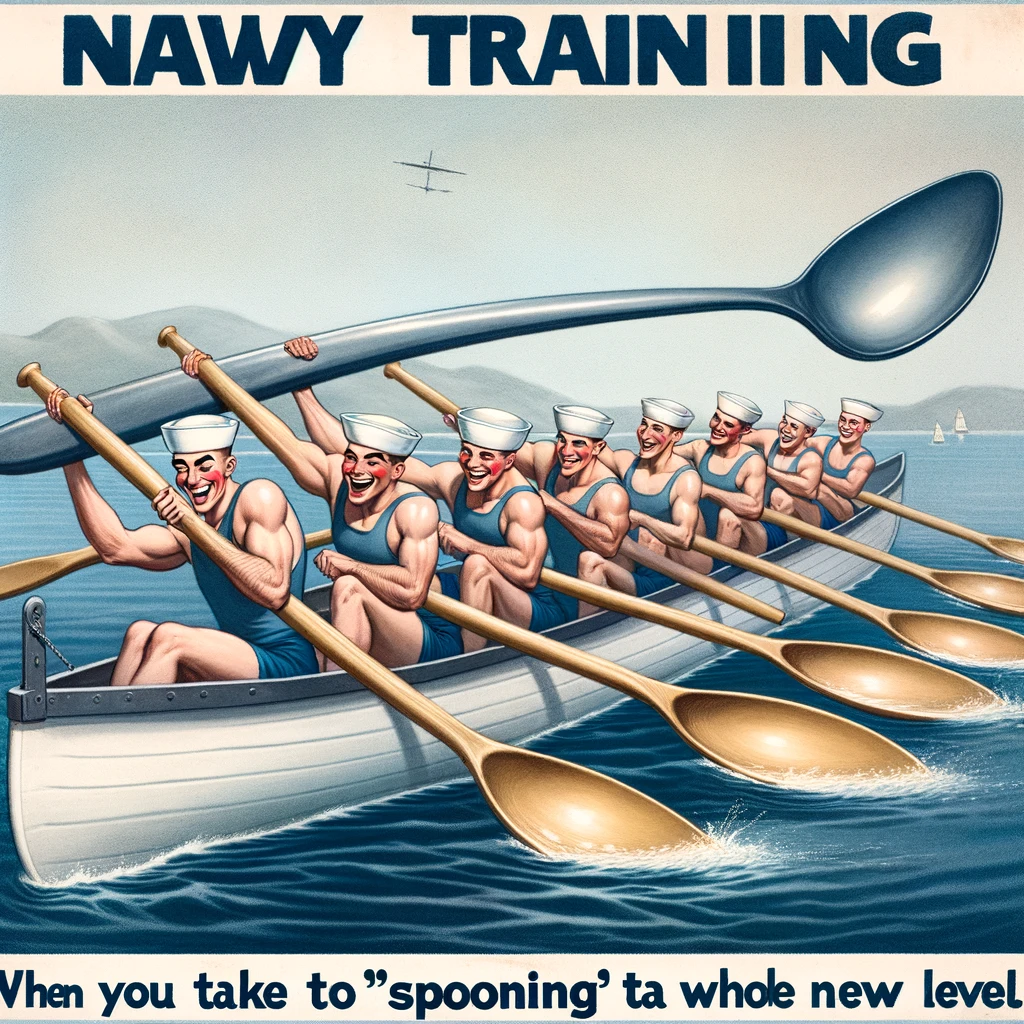 A playful image of sailors racing in rowboats, using large spoons as oars, with the caption: "Navy training: When you take 'spooning' to a whole new level."