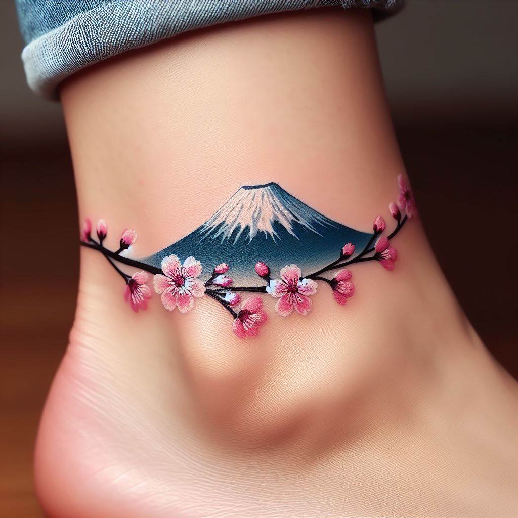 A delicate ankle bracelet tattoo that encircles the ankle with cherry blossoms (sakura) and a small, yet iconic silhouette of Mount Fuji. The design should intertwine the soft pinks of the sakura with the majestic blue and white of Mount Fuji, symbolizing beauty, anticipation, and the serene majesty of nature, in a composition that gracefully wraps around the ankle like a piece of jewelry.