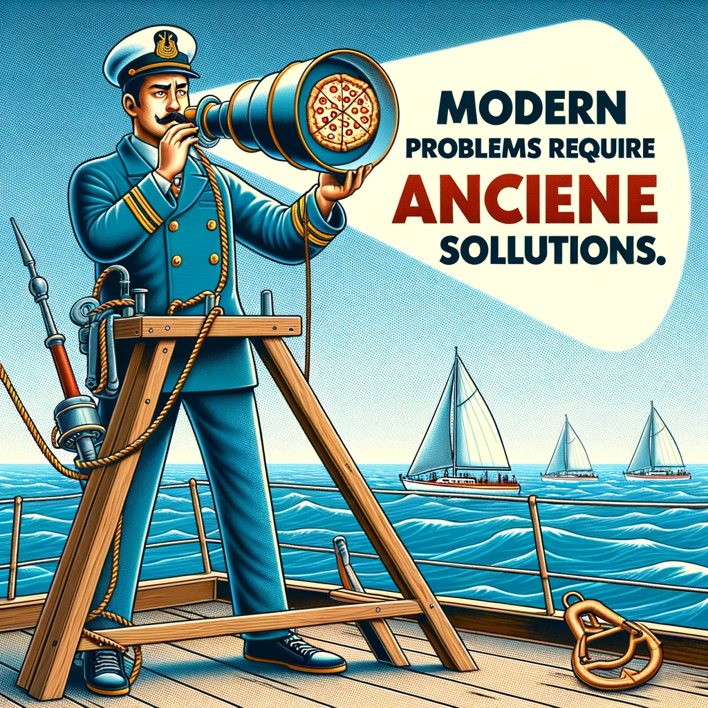 An amusing image of a sailor using a signal lamp to order pizza, with the caption: "Modern problems require ancient solutions."