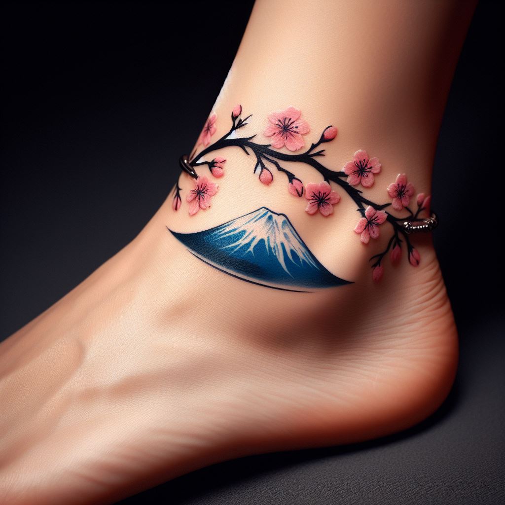 A delicate ankle bracelet tattoo that encircles the ankle with cherry blossoms (sakura) and a small, yet iconic silhouette of Mount Fuji. The design should intertwine the soft pinks of the sakura with the majestic blue and white of Mount Fuji, symbolizing beauty, anticipation, and the serene majesty of nature, in a composition that gracefully wraps around the ankle like a piece of jewelry.