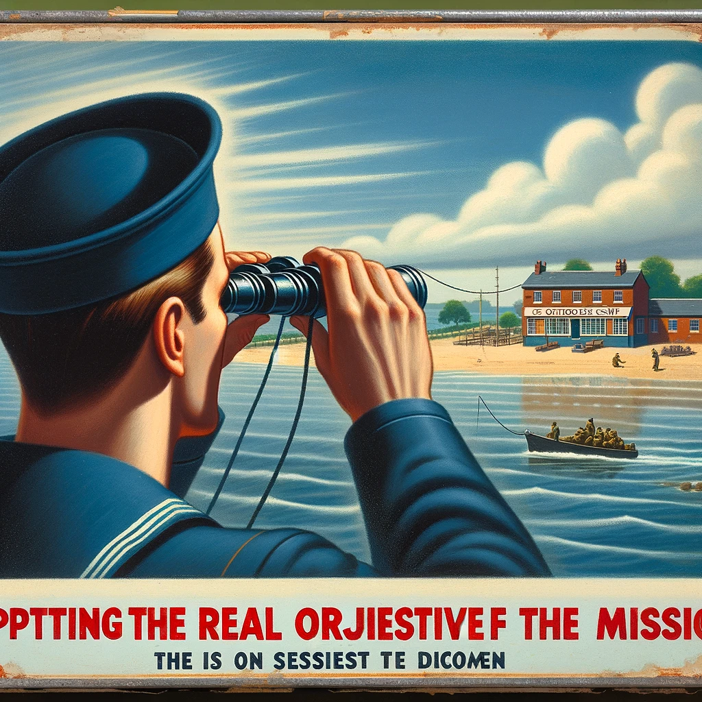 An image of a sailor looking through binoculars at a distant coffee shop on shore, with the caption: "Spotting the real objective of the mission."