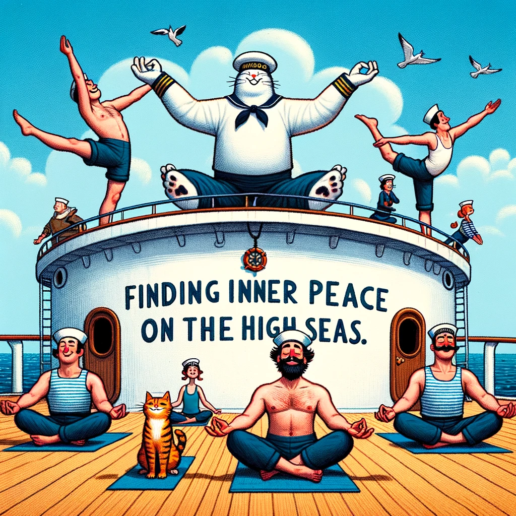 A funny illustration of sailors doing yoga on the deck with the ship's cat joining in, captioned: "Finding inner peace on the high seas."
