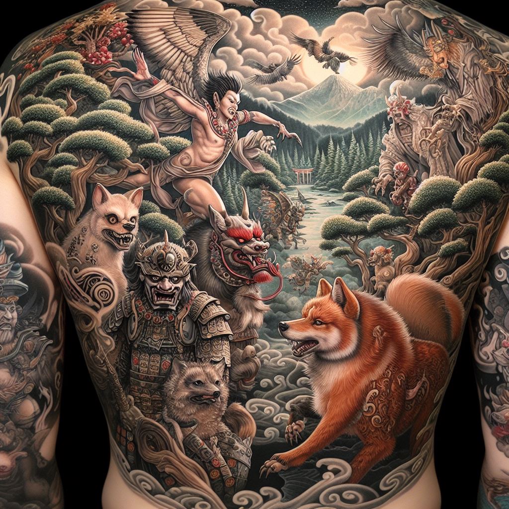 An epic full back tattoo featuring a collection of Japanese mythical creatures, such as the Tengu, Kitsune, and Tanuki, engaged in a dynamic scene amidst a mystical forest setting. Each creature should be depicted with attention to detail and characteristic attributes, set against a backdrop of ancient trees, mist, and mountains, symbolizing the rich tapestry of Japanese folklore and the interplay between the natural and supernatural.