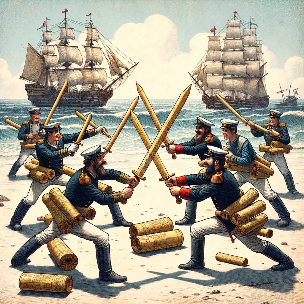 An amusing image showing sailors in a mock battle using rolled-up maps as swords, with the caption: "When map reading turns into a duel for the high seas."