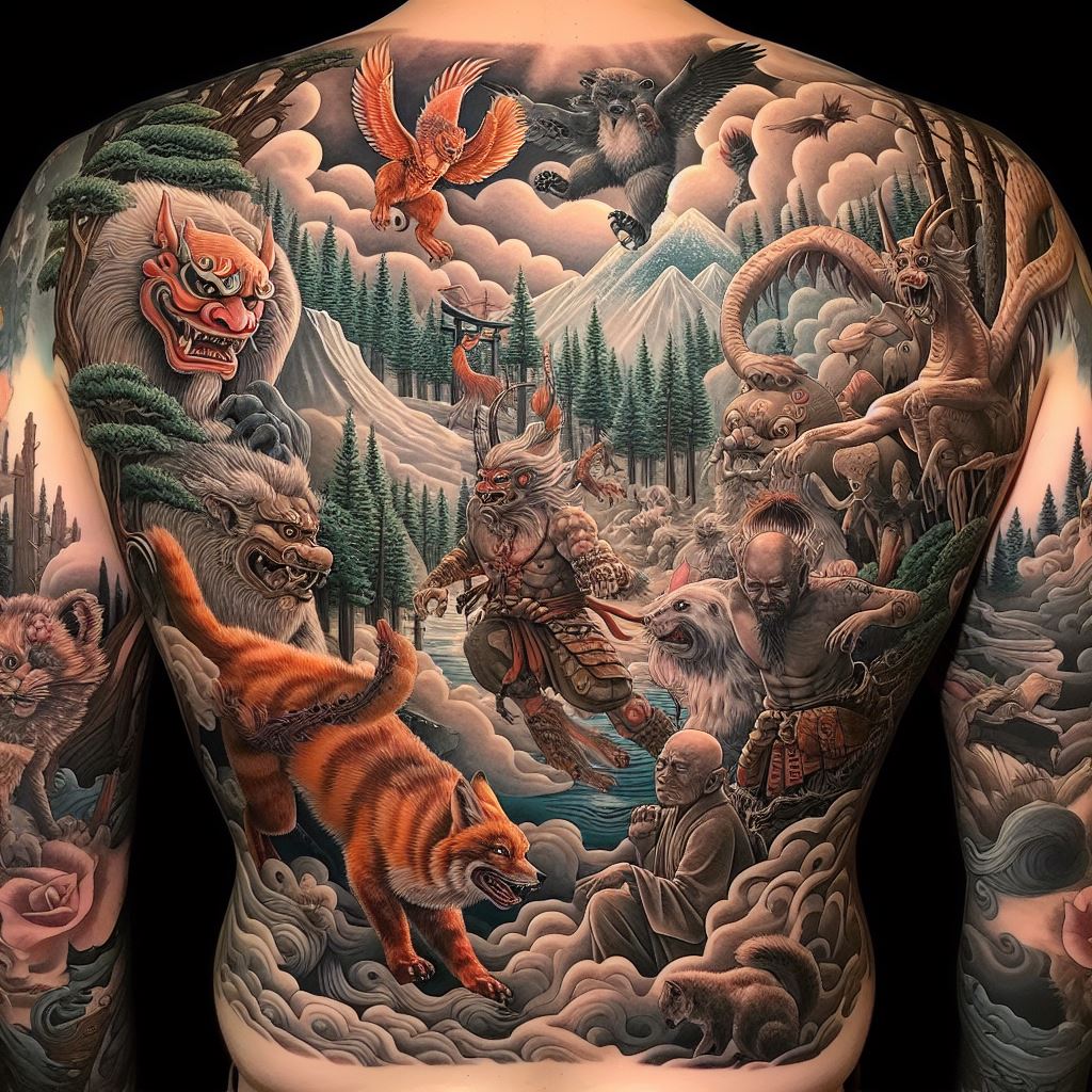 An epic full back tattoo featuring a collection of Japanese mythical creatures, such as the Tengu, Kitsune, and Tanuki, engaged in a dynamic scene amidst a mystical forest setting. Each creature should be depicted with attention to detail and characteristic attributes, set against a backdrop of ancient trees, mist, and mountains, symbolizing the rich tapestry of Japanese folklore and the interplay between the natural and supernatural.