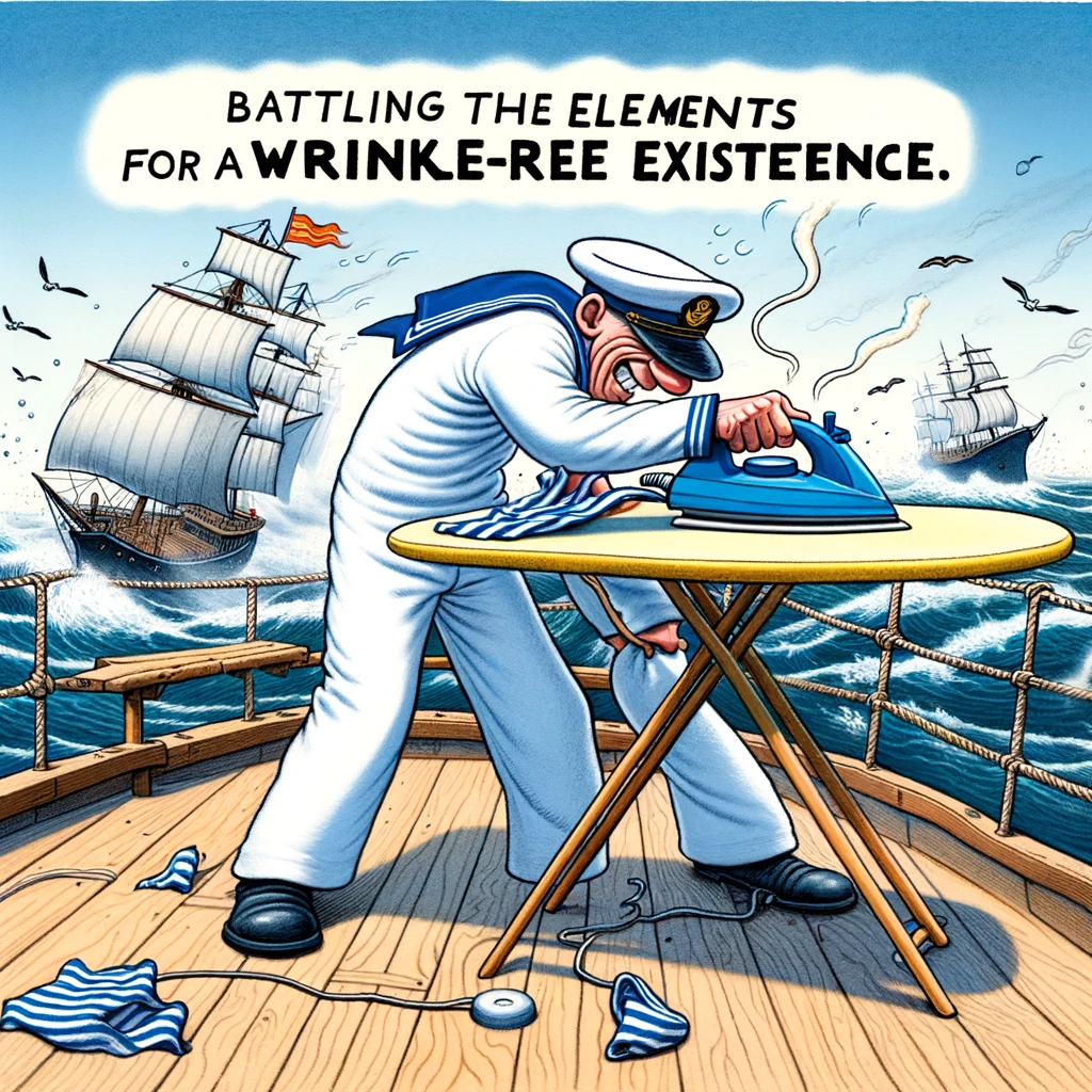 A humorous scene of a sailor trying to iron his uniform on the deck while the wind keeps blowing it away, captioned: "Battling the elements for a wrinkle-free existence."