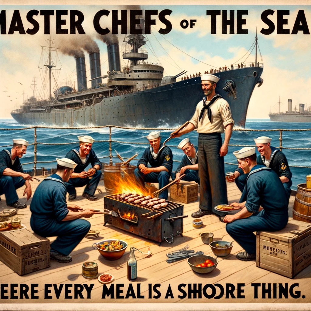 Image of sailors having a barbecue on the ship's deck with a makeshift grill, captioned: "Master chefs of the sea, where every meal is a shore thing."