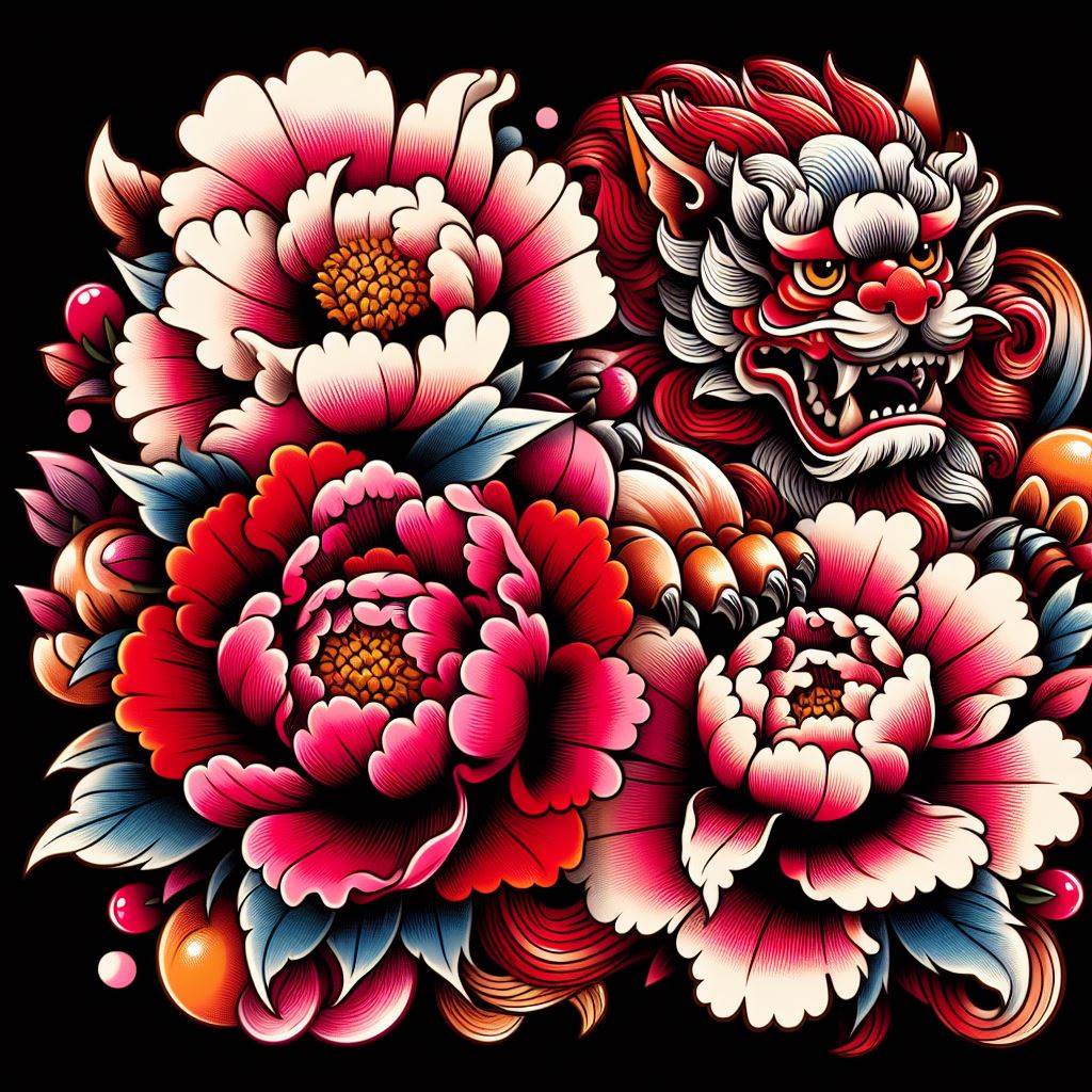 A bold and colorful tattoo that combines peony flowers with Japanese lions (Shishi) on the hip area. The peonies should be in full bloom, in shades of pink, red, and white, symbolizing prosperity and good fortune, while the Shishi, depicted with a fierce expression, guards over them, representing protection and strength. This design should flow gracefully over the hip, merging beauty with guardianship.