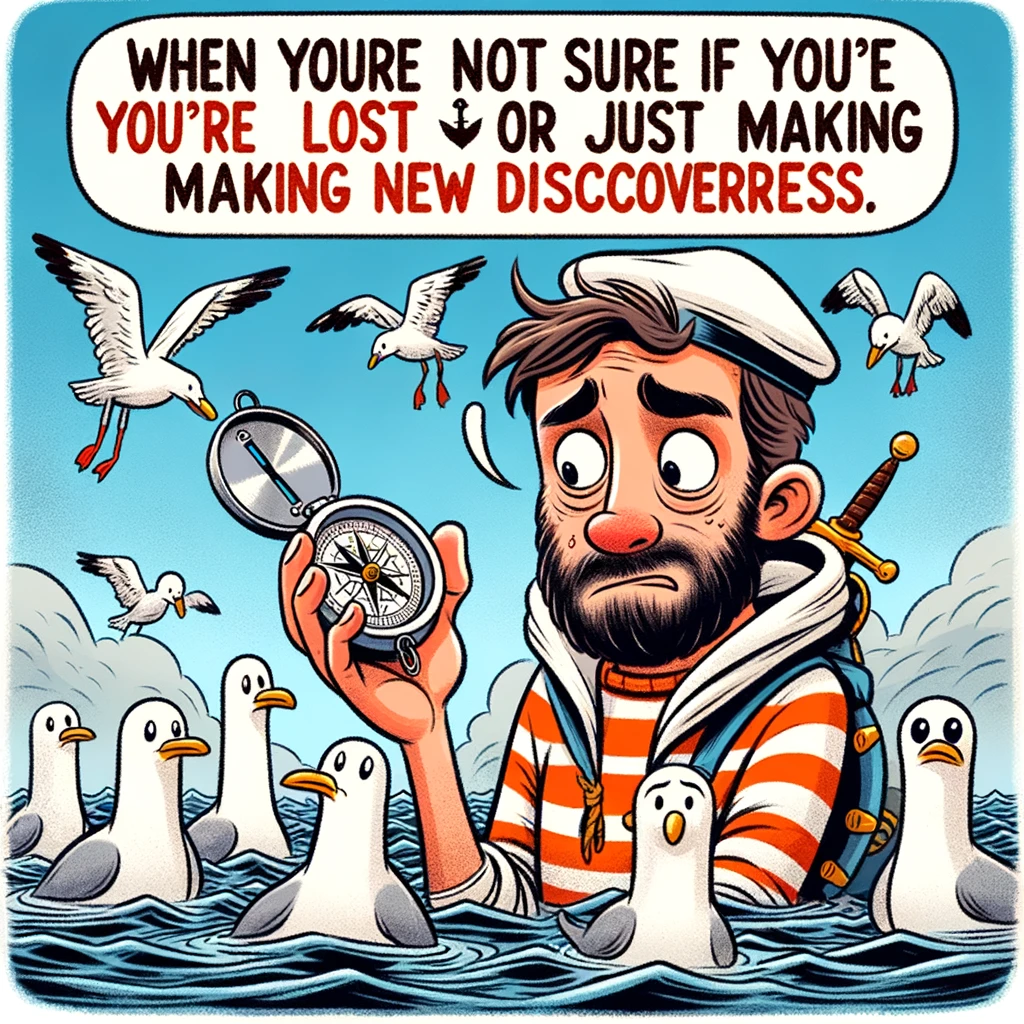 A comic image of a sailor looking at a compass with a puzzled expression, surrounded by confused seagulls, with the caption: "When you're not sure if you're lost or just making new discoveries."