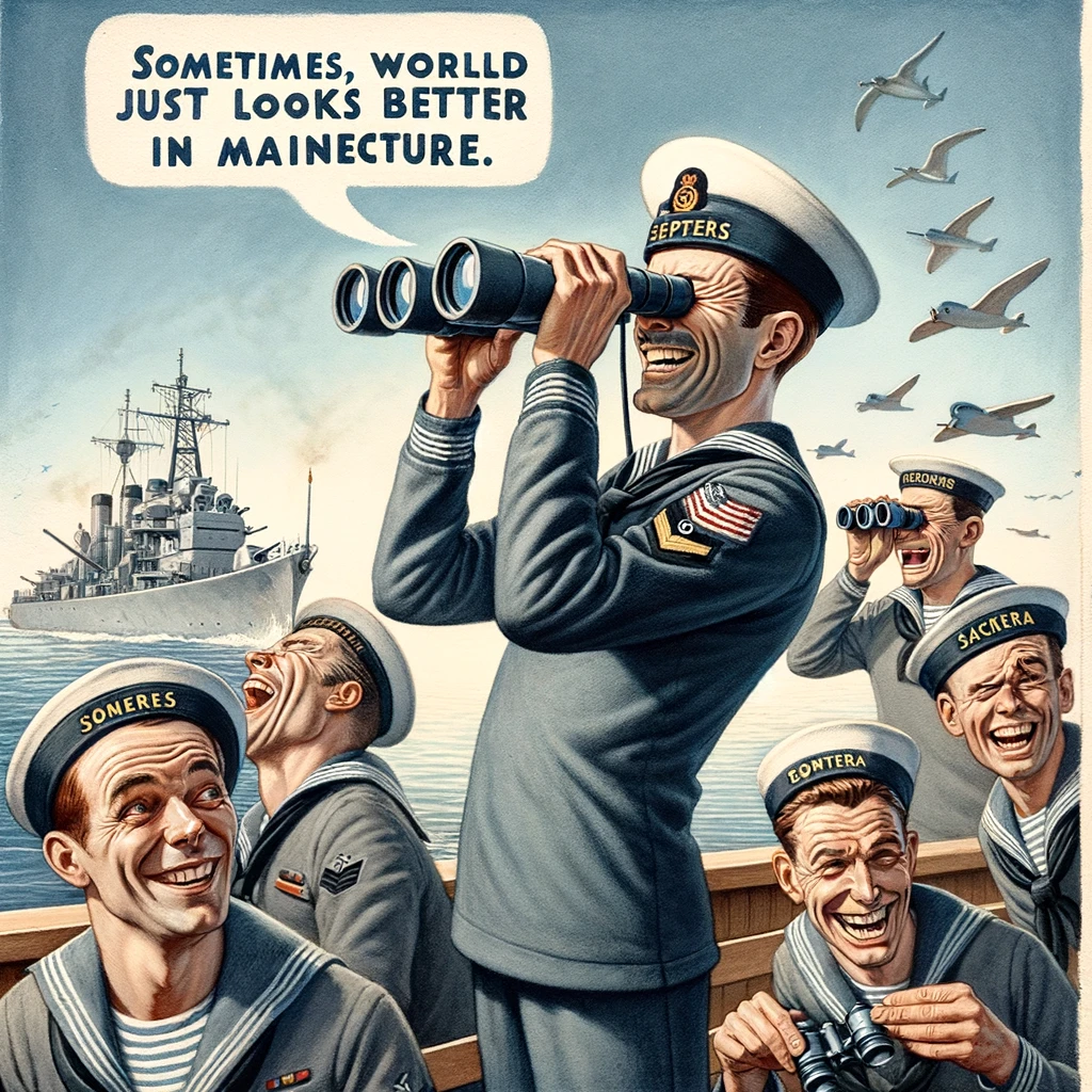 An image of a sailor using binoculars backwards, with shipmates trying not to laugh, captioned: "Sometimes, the world just looks better in miniature."