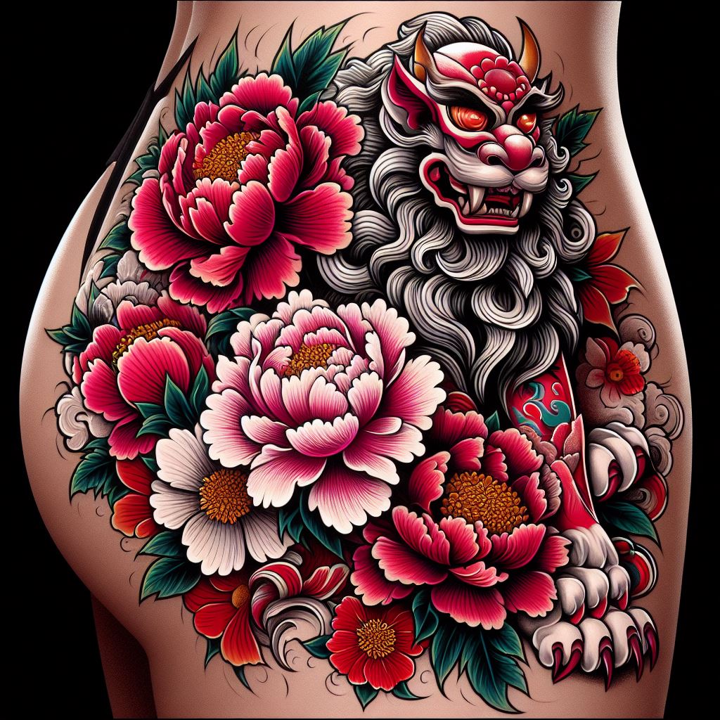 A bold and colorful tattoo that combines peony flowers with Japanese lions (Shishi) on the hip area. The peonies should be in full bloom, in shades of pink, red, and white, symbolizing prosperity and good fortune, while the Shishi, depicted with a fierce expression, guards over them, representing protection and strength. This design should flow gracefully over the hip, merging beauty with guardianship.