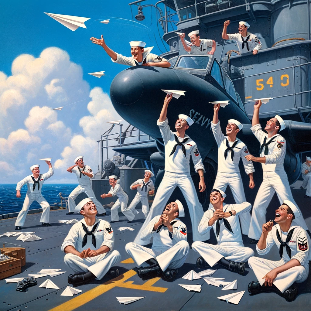 A playful image of sailors having a paper airplane contest on the flight deck, with the caption: "When the skies are the limit for navy pilots."