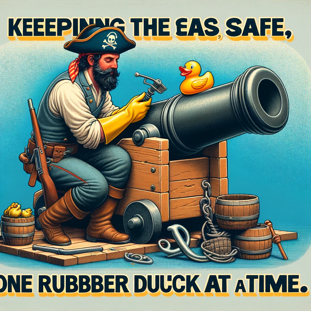 An image of a sailor meticulously cleaning a cannon, with a pirate rubber duck for company, captioned: "Keeping the seas safe, one rubber duck at a time."