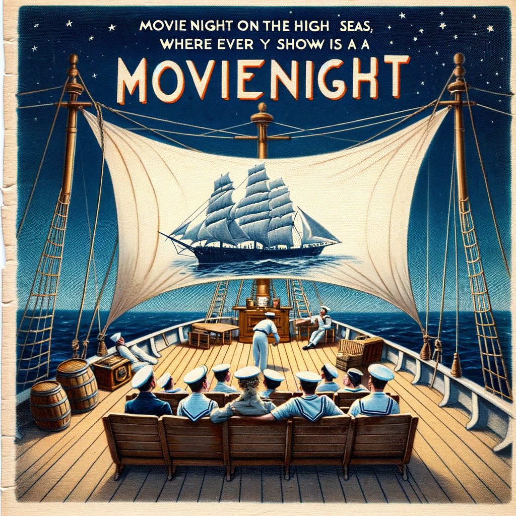 A whimsical image of sailors setting up a makeshift movie theater on deck, using a sail as the screen, captioned: "Movie night on the high seas, where every show is a blockbuster."