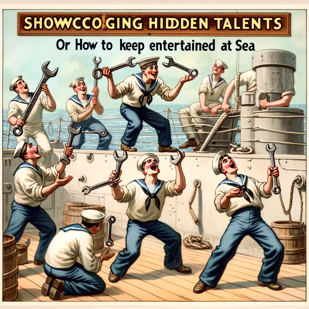 A humorous image of sailors participating in a talent show on deck, with one attempting to juggle wrenches, captioned: "Showcasing hidden talents, or how to keep entertained at sea."