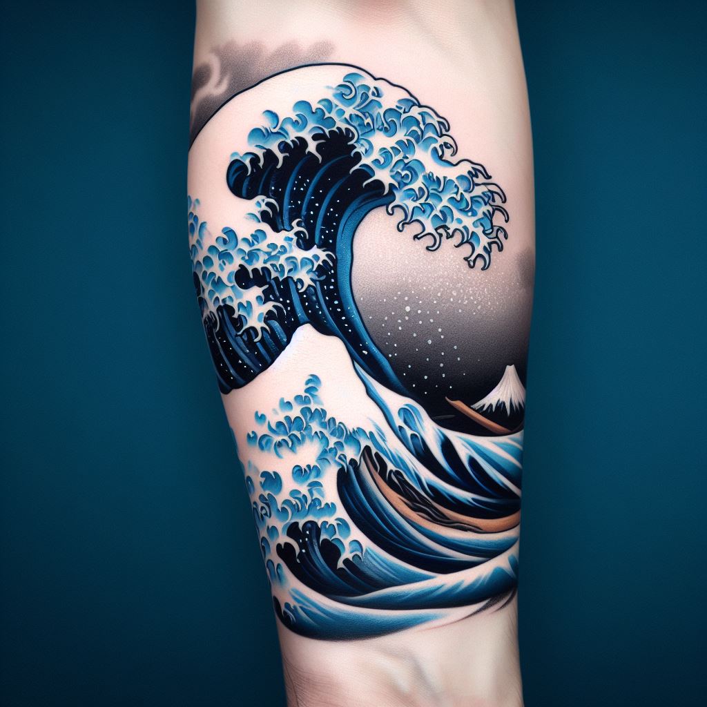 A tattoo inspired by the iconic 'Great Wave off Kanagawa' for the forearm, incorporating the powerful wave cresting and about to crash, with Mount Fuji in the background. The tattoo should capture the wave's dynamic energy and movement in shades of blue and white, with Mount Fuji standing resilient in the distance. This design symbolizes the power of nature and the enduring spirit within the face of challenges.