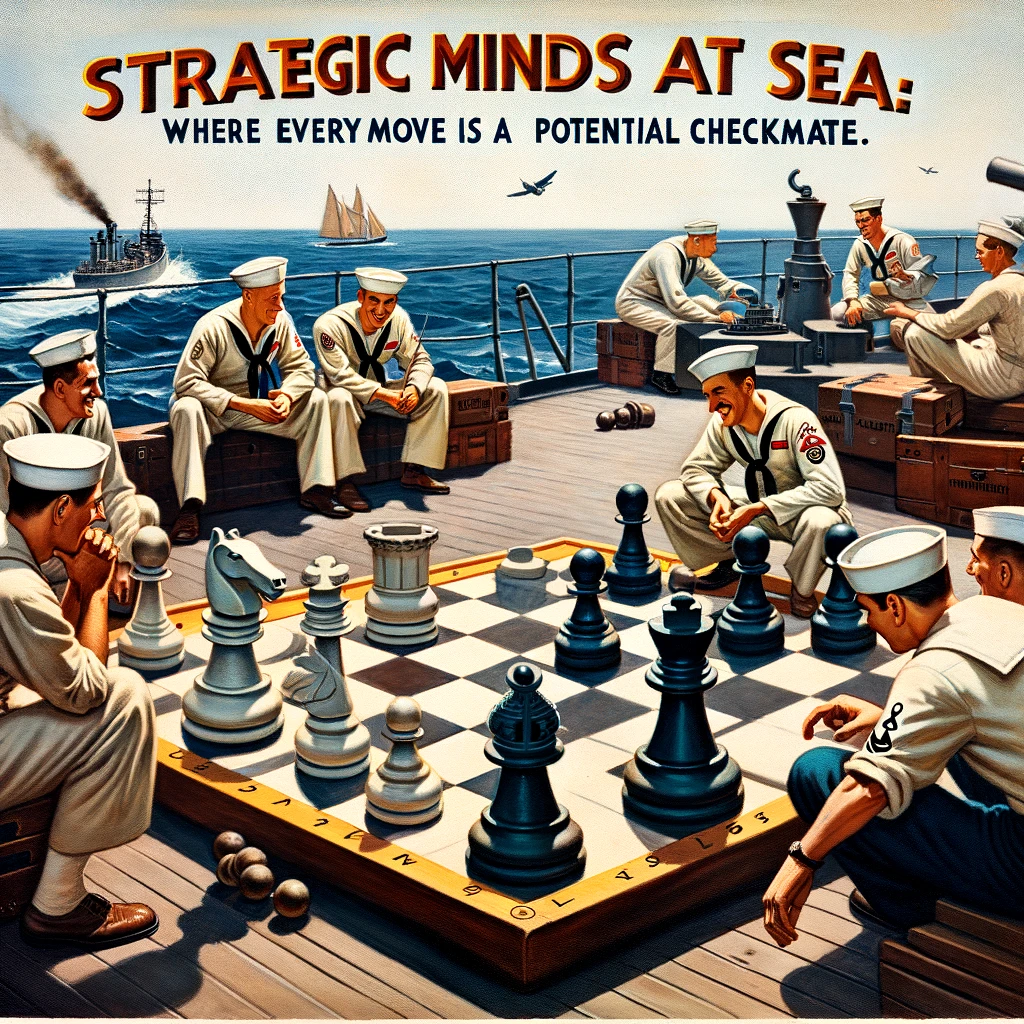 An image of sailors engaging in a spirited game of chess on deck, with giant chess pieces, captioned: "Strategic minds at sea: where every move is a potential checkmate."