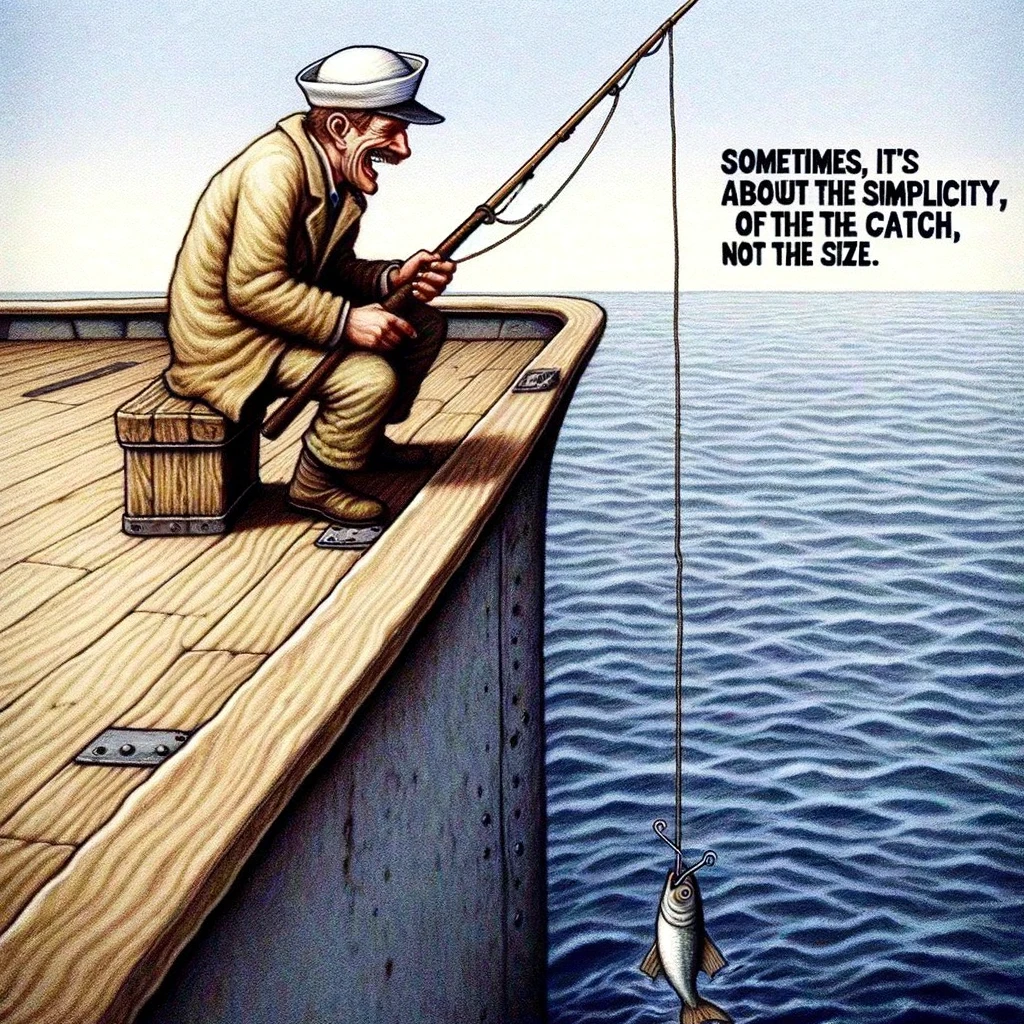 A comical image of a sailor attempting to fish off the side of the ship with a simple string and a paper clip, captioned: "Sometimes, it's about the simplicity of the catch, not the size."
