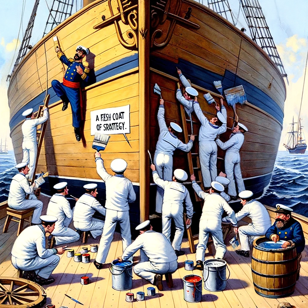 An amusing scene where sailors are painting the ship, but one accidentally paints himself into a corner, captioned: "A fresh coat of strategy."