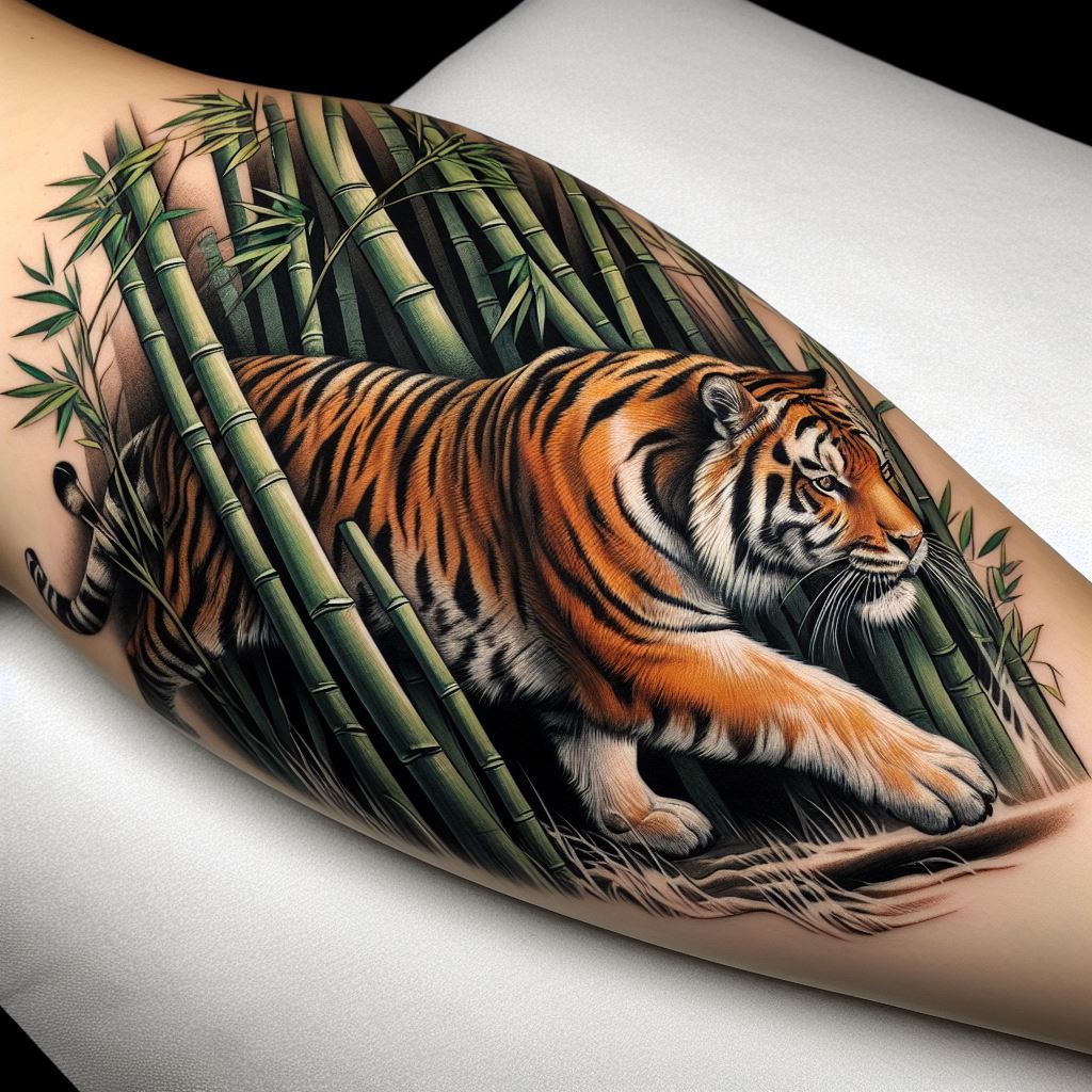A fierce tiger moving stealthily through a dense bamboo forest tattooed on the upper arm. The tiger, symbolizing courage and strength, should be depicted in mid-stride with detailed fur in shades of orange, black, and white. The surrounding bamboo, in various tones of green, represents resilience and flexibility. This design merges the wild beauty of the tiger with the peaceful serenity of the bamboo, creating a balance between power and peace.