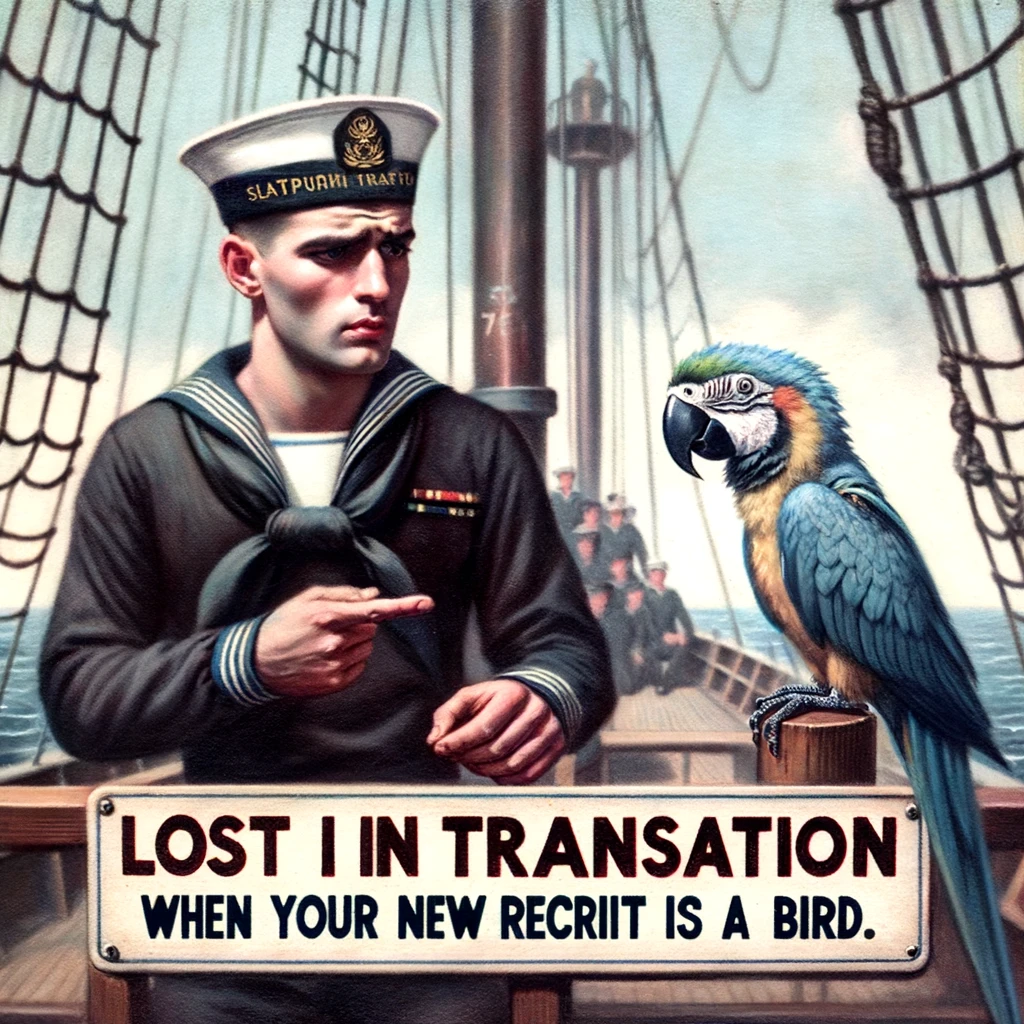 An image of a sailor trying to teach a parrot naval commands, with the parrot looking confused, captioned: "Lost in translation: when your new recruit is a bird."