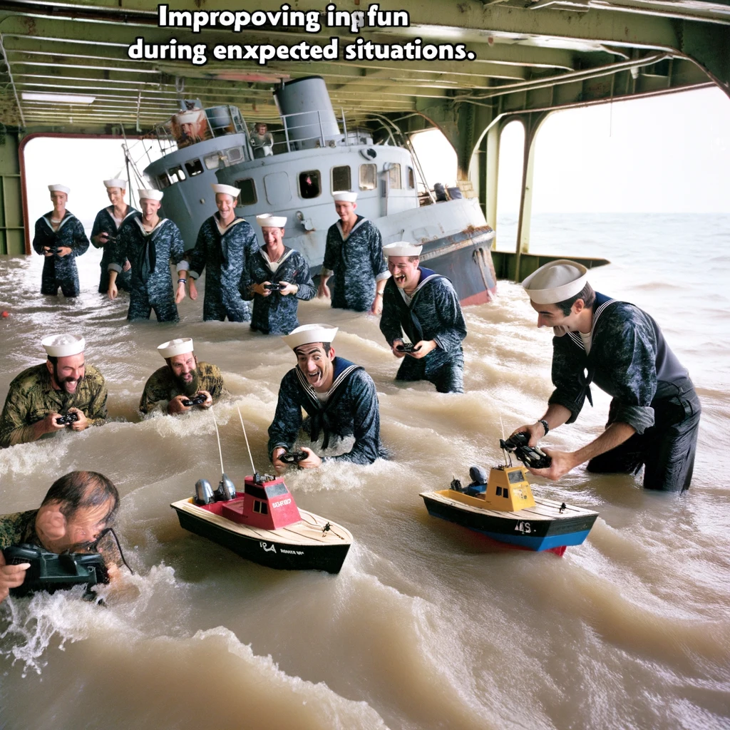 A hilarious image of sailors organizing a race with remote-controlled boats in a flooded part of the ship, captioned: "Improvising fun during unexpected situations."