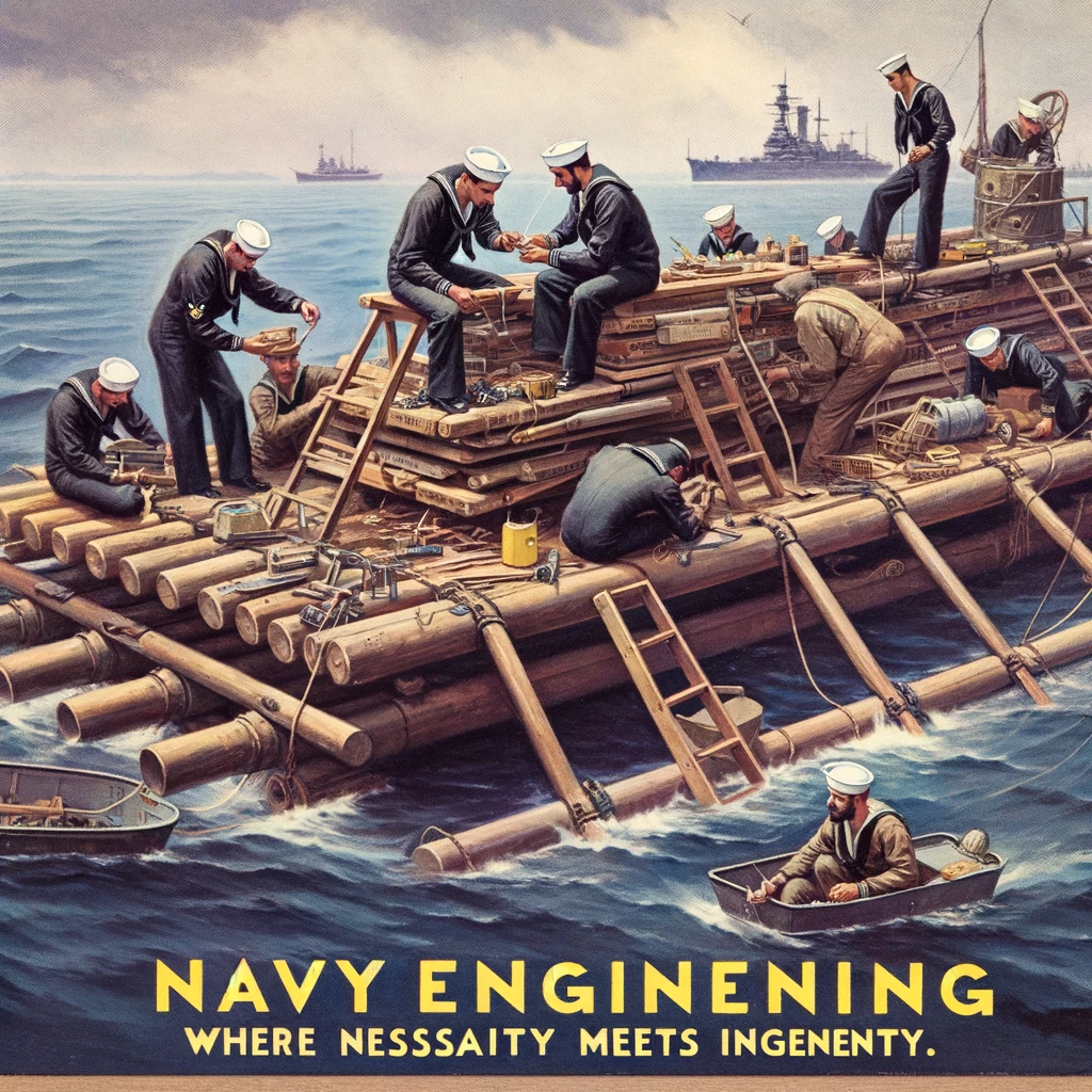 An image of sailors building a makeshift raft from spare parts on the deck, captioned: "Navy engineering: where necessity meets ingenuity."