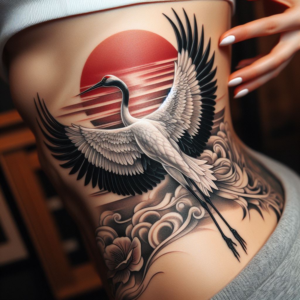 A graceful and elegant Japanese crane (Tsuru) tattoo along the rib cage, with its wings spread wide as if caught in mid-flight. The crane, a symbol of longevity and happiness in Japanese culture, should be detailed in shades of white and grey, with hints of red on its head. The background could feature a subtle sunset or traditional Japanese clouds, adding depth and meaning, symbolizing a hopeful journey towards a prosperous future.