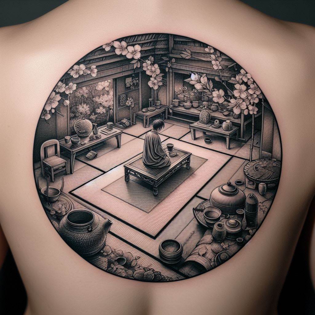 A detailed and serene tattoo of a traditional Japanese tea ceremony scene on the lower back. The design should capture the tranquil and deliberate actions of the tea master, surrounded by elements like a tatami mat, a tea bowl, and cherry blossoms. This tattoo should not only showcase the aesthetic beauty of the ceremony but also symbolize a deep appreciation for the moment, mindfulness, and harmony.
