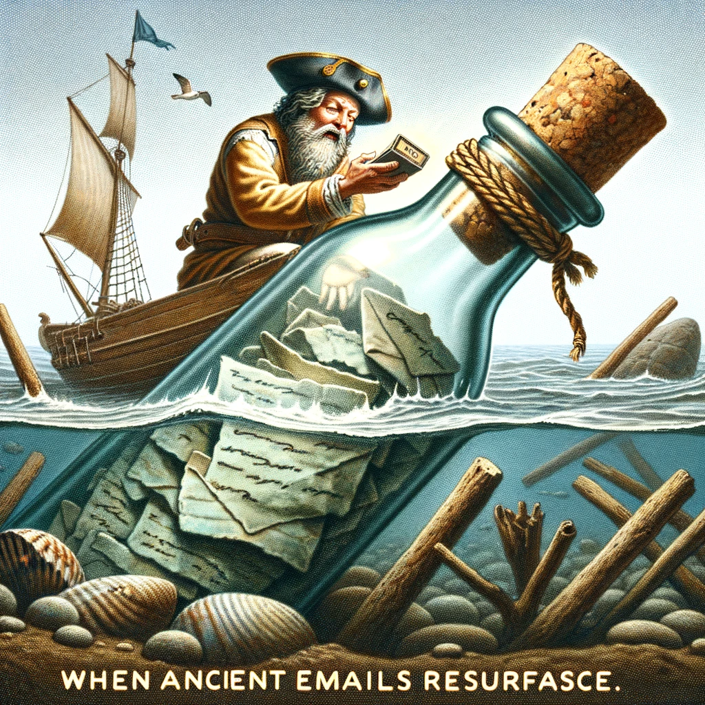 An amusing image of a sailor trying to decode a message in a bottle found at sea, captioned: "When ancient emails resurface."