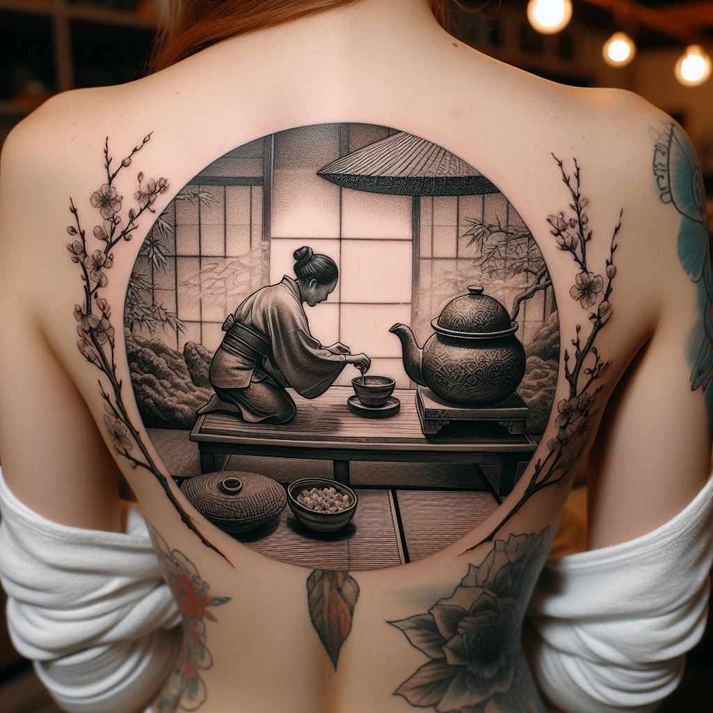 A detailed and serene tattoo of a traditional Japanese tea ceremony scene on the lower back. The design should capture the tranquil and deliberate actions of the tea master, surrounded by elements like a tatami mat, a tea bowl, and cherry blossoms. This tattoo should not only showcase the aesthetic beauty of the ceremony but also symbolize a deep appreciation for the moment, mindfulness, and harmony.