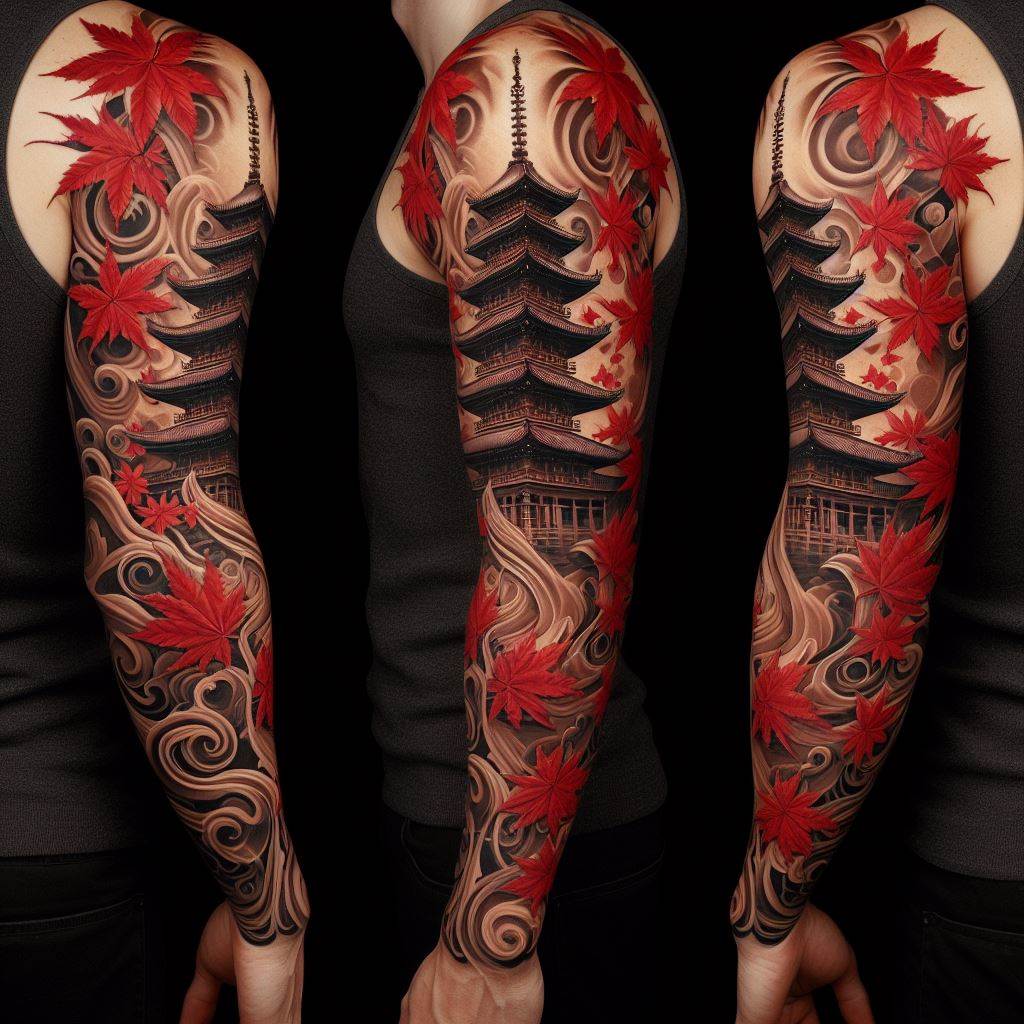 A full sleeve tattoo featuring a majestic Japanese pagoda surrounded by swirling maple leaves. The pagoda should stand tall, intricately detailed in shades of red and brown, symbolizing wisdom and tranquility. The maple leaves, in vibrant reds and oranges, represent change and the beauty of life. This design should seamlessly integrate these elements, creating a flowing narrative around the arm that celebrates Japanese architecture and nature.