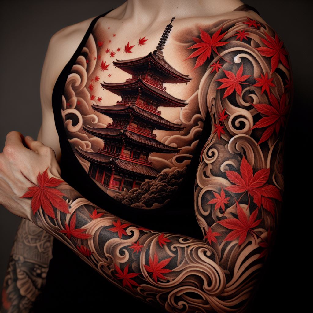 A full sleeve tattoo featuring a majestic Japanese pagoda surrounded by swirling maple leaves. The pagoda should stand tall, intricately detailed in shades of red and brown, symbolizing wisdom and tranquility. The maple leaves, in vibrant reds and oranges, represent change and the beauty of life. This design should seamlessly integrate these elements, creating a flowing narrative around the arm that celebrates Japanese architecture and nature.