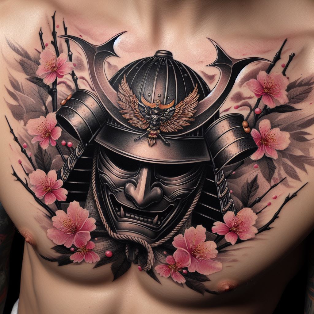 A samurai helmet (Kabuto) adorned with cherry blossoms tattooed across the chest. The helmet, detailed in shades of black, silver, and gold, represents honor and bravery, while the cherry blossoms, in soft pinks and whites, symbolize the ephemeral nature of life. This tattoo should merge these symbols into a cohesive design that honors the samurai spirit and the acceptance of life's transience.