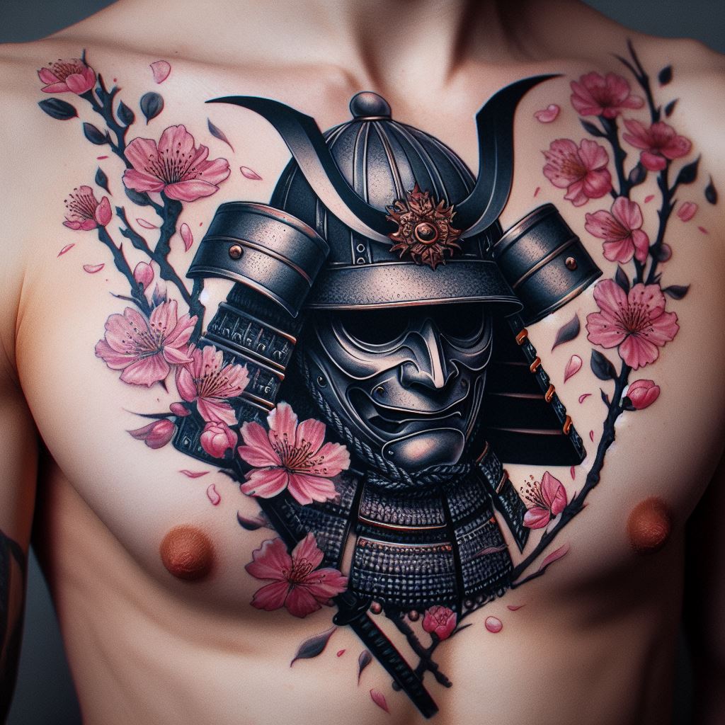 A samurai helmet (Kabuto) adorned with cherry blossoms tattooed across the chest. The helmet, detailed in shades of black, silver, and gold, represents honor and bravery, while the cherry blossoms, in soft pinks and whites, symbolize the ephemeral nature of life. This tattoo should merge these symbols into a cohesive design that honors the samurai spirit and the acceptance of life's transience.